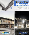 Dusk-to-dawn sensor feature of 120W LED Wall Pack Light with building application context under daylight and night conditions.