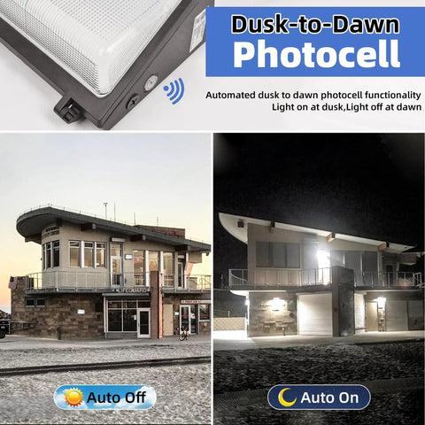 Dusk-to-dawn sensor feature of 120W LED Wall Pack Light with building application context under daylight and night conditions.