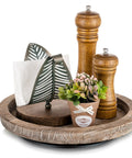 Solid Wood Lazy Susan Set Big Round Serving Tray With Hella Smooth Ball Bearing Turntable Base For Kitchen Counter And Dinner Party Centerpiece slick spinning organizer easy setup stand with salt and pepper shakers and faux plant.