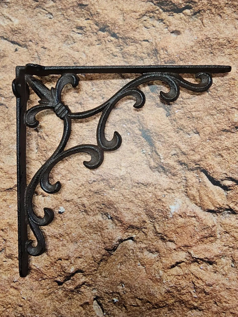 Sturdy Cast Iron Shelf Bracket Set 10 By 10 Inches, Ornate Fleur De Lis Design, matte brown finish, decorative wall support