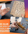 Hands assembling Steampunk Airship 3D Wooden Puzzle for Adults With Start Stop Switch, showing snap-in parts and laser-cut sheet.