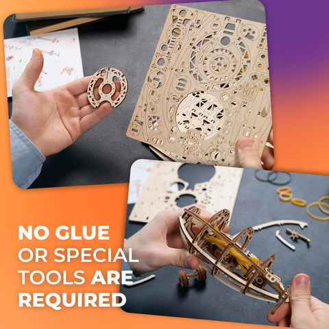Hands assembling Steampunk Airship 3D Wooden Puzzle for Adults With Start Stop Switch, showing snap-in parts and laser-cut sheet.