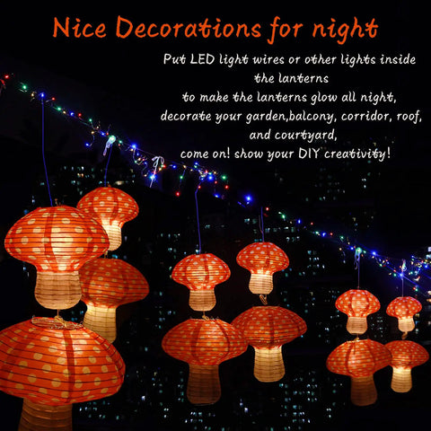 Mushroom Shaped Paper Lanterns Set In Orange For Nursery Garden And Party Decor Includes 8 Inch And 12 Inch Sizes Premium Rice Paper Hangings Super Cute And Kid Friendly For Christmas Halloween Or Any Day Indoors Outdoors glowing at night.