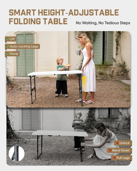 Woman adjusting Four Foot Outdoor Folding Table With Quick Adjustable Height No Assembly One Hand Lift Operation Locking Legs