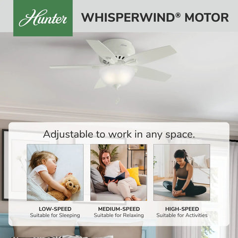 42 Inch Indoor Ceiling Fan With LED Light Fresh White Finish Low Profile Hugger Mount 5 Blade Bedroom Living Room