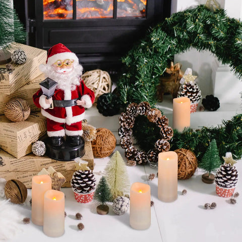 Christmas decor with Santa figure and 12 Pack Waterproof Flameless LED Pillar Candles 2.2 Inch Slim Plastic Battery Powered Candles