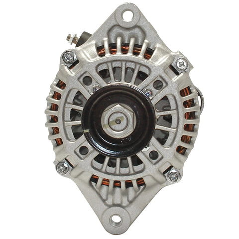 Front view of remanufactured vehicle alternator with high quality bearings, high temp lubricant, double lip seals to cut friction and noise.