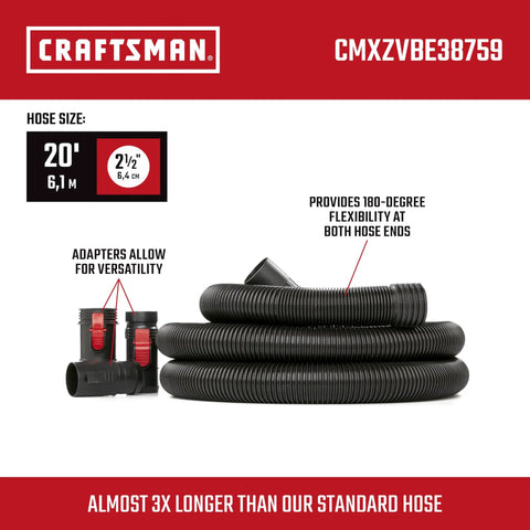 2-1/2 Inch By 20 Foot POS-I-LOCK Wet Dry Vac Hose Attachment Kit With Dual-Flex Technology displayed with adapters