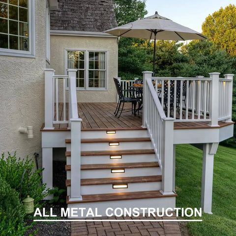Low Voltage Outdoor Step Lights Kit 12V AC Landscape Stair Lighting 8 Pack illuminating wooden deck steps at dusk