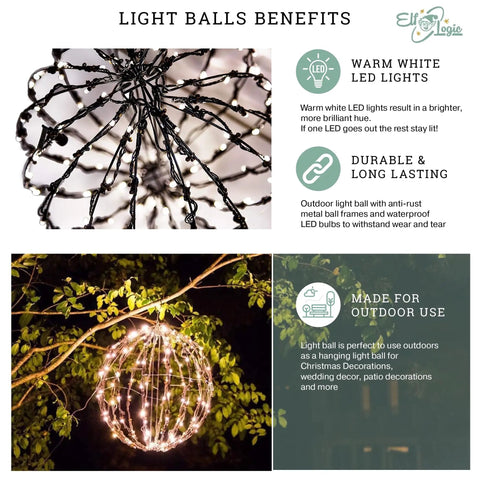 Three Pack 12 Inch LED Globe Lights for indoor outdoor use, close-up of warm white orb with durable waterproof metal frame