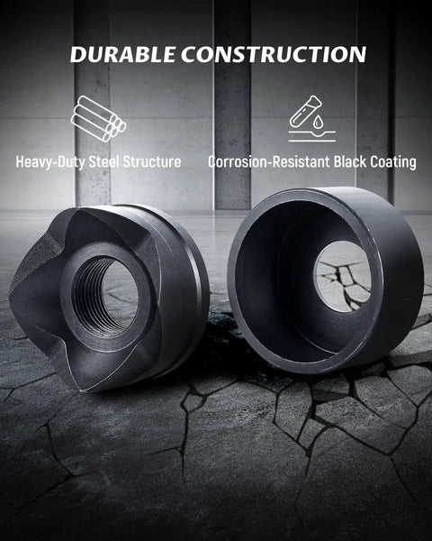 Heavy Duty Metal Knockout Punch Kit components with heavy-duty steel structure and corrosion-resistant black coating.