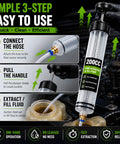 Heavy Duty Manual Fluid Extractor Pump Featuring Two Flexible Hoses For Rapid Engine Oil Brake Fluid And Coolant Transfer in use, 200cc capacity.