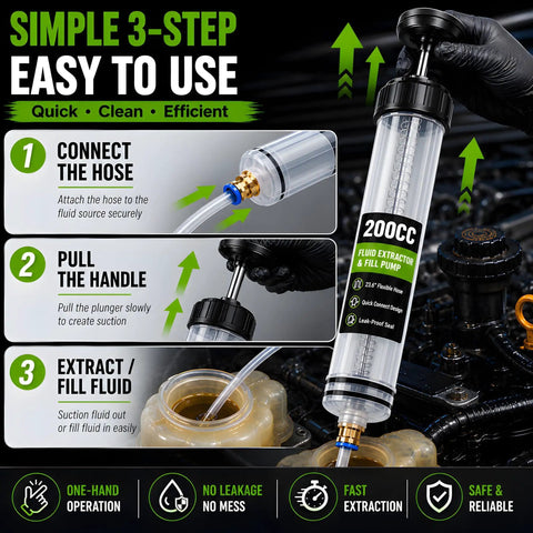 Heavy Duty Manual Fluid Extractor Pump Featuring Two Flexible Hoses For Rapid Engine Oil Brake Fluid And Coolant Transfer in use, 200cc capacity.