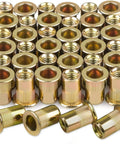 Tough As Nails M6 Metric Rivet Nuts Forged From Zinc Plated Carbon Steel With Knurled Flat Bodies For Secure Threaded Inserts That Lock Tight Without Messy Burrs Includes Forty Pieces, shown from above.