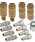 JACO Hi-Flo 1/4 in NPT air hose fittings kit, set of 12; brass quick-connects and stainless adapters