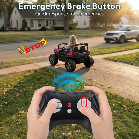Child driving electric car remotely controlled by 2.4GHz Bluetooth Remote Controller For 12V/24V Ride On Cars, emergency stop demo