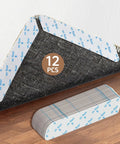 Close-up of 12 Pack Non Slip Rug Pad Grippers, showcasing adhesive backing for rugs, with gripper pack on wood floor.