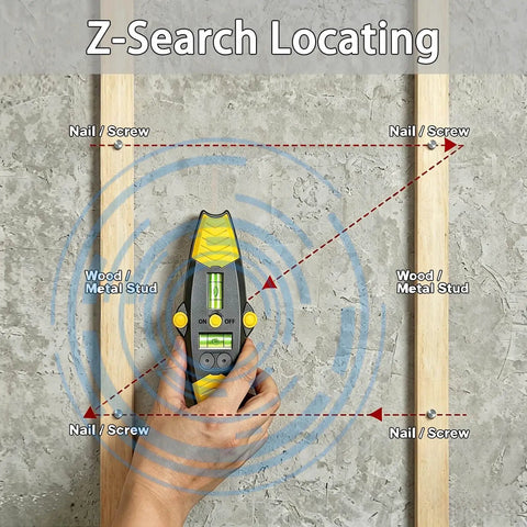 3-in-1 Magnetic Stud Finder with Laser, Wall Scanner with 2 Detachable Magnetic Positioning Modules & 4 Wooden Surface Locator Pins, Stud Finder Leveler Tool for Home Renovation Inspection. (Black) detecting nails/screws on a concrete wall.