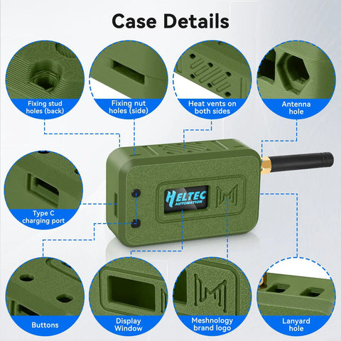 Case details of Dual Pack Esp32 Lora V3 Module Board showing charging port, buttons, display window, and antenna hole.