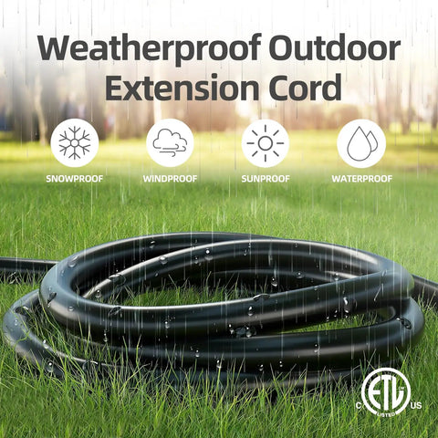 Indoor Outdoor Waterproof Extension Cord 25 Feet 3 Prong Power Cord For Home And Garden 16 AWG 13A 1625W ETL Listed