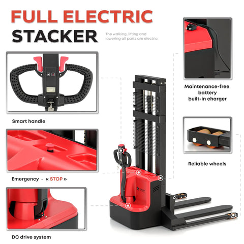 Heavy Duty Full Electric Forklift Walkie Pallet Stacker With 3300 Lb Capacity featuring smart handle and built-in charger.