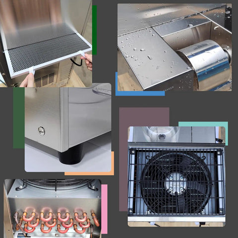Close-up of Heavy Duty Commercial Snowflake Ice Shaver Automatic Electric Flake Maker showing stainless steel components and water droplets.