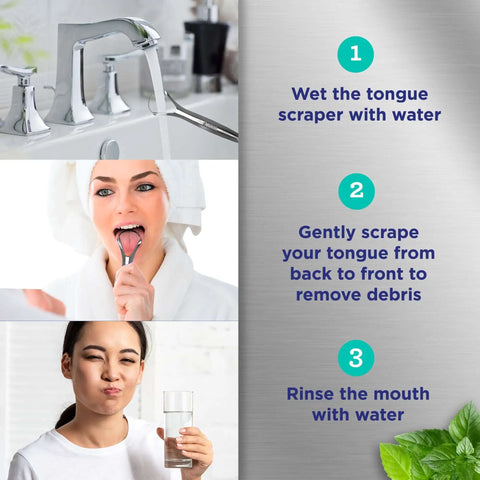 Woman using Two Pack Stainless Steel Tongue Scraper For Adults With Travel Case No Fuss 420 Medical Grade Tongue Cleaner