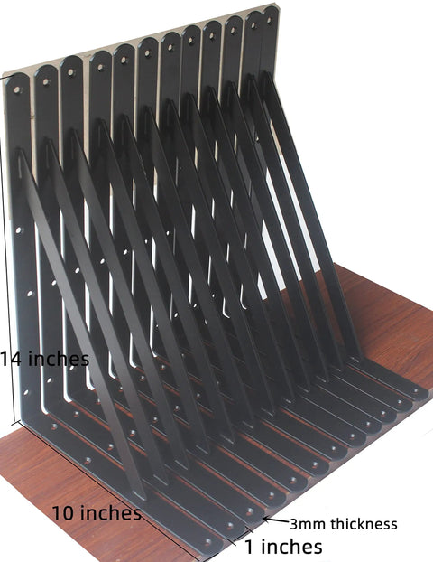 16 Pack Beefy Heavy Duty L Shaped Shelf Brackets 14 Inch Deep, 10 Inch High Black Metal Shelf Support With Screws