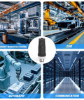 Collage showing various industrial applications of IP67 Waterproof M12 5 Pin Male Connector Field Wireable Straight Adapter in machinery and robotics.