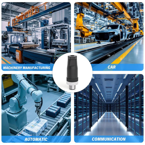Collage showing various industrial applications of IP67 Waterproof M12 5 Pin Male Connector Field Wireable Straight Adapter in machinery and robotics.