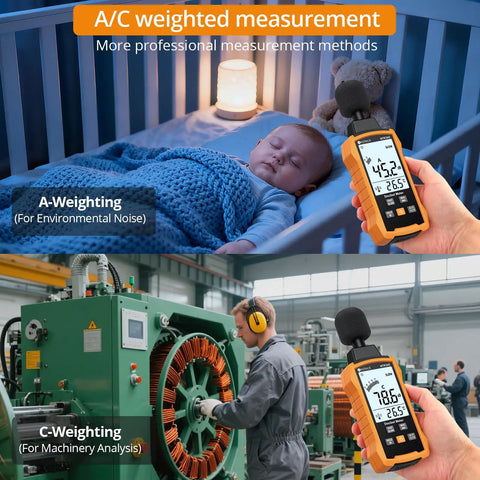 Compact Decibel Meter With A And C Weighting For Real World Noise Readings, 30 To 130 dB Digital Sound Level Meter For Environmental, Industrial, And Studio Use shown near crib and factory