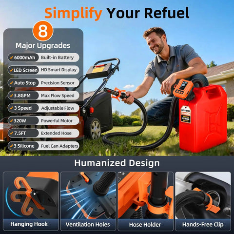 Man using Heavy Duty Automatic Electric Fuel Transfer Pump With 3.8 GPM Fast Flow And Smart Adjustment Valve for gas can draining.