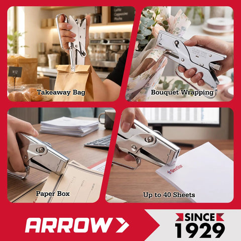 Heavy Duty Handheld Plier Stapler For Crafts Office And Insulation Accepts One Quarter Inch And Five Sixteenth Inch Staples Built Tough For Paper Bags Cardboard And More With Easy Grip Handle in use for various tasks like wrapping bouquets and sealing takeout bags.