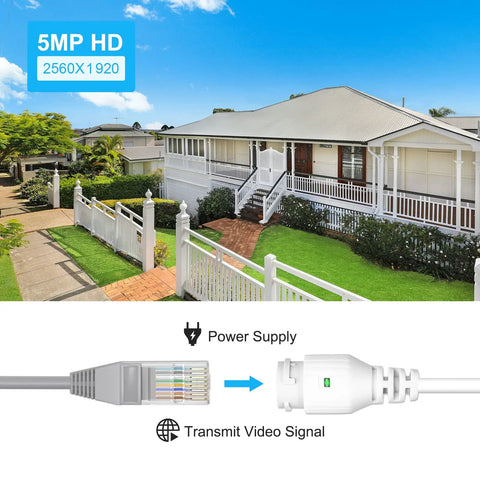 5MP POE Security Camera With Outdoor PTZ showcasing clear HD imaging of a house exterior with power cable connection diagram
