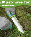 Person using Hori Hori Garden Knife With 7 Inch Stainless Blade Dual Edge For Weeding Digging Planting Ergonomic TRP Handle Green
