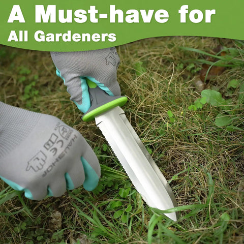 Person using Hori Hori Garden Knife With 7 Inch Stainless Blade Dual Edge For Weeding Digging Planting Ergonomic TRP Handle Green
