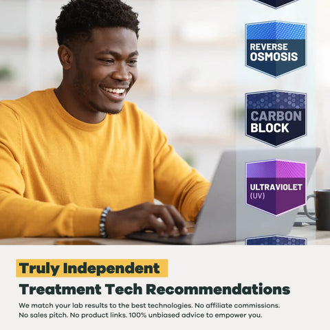 Straight Up Home Water Test Kit Checks 256 Hidden Contaminants Like Lead And Bad Bacteria For Folks Who Swear By Legit EPA Certified Lab Verification For Wells Taps Springs, man in yellow sweater working on laptop with water treatment options.