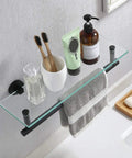 Space Saving 16 Inch Glass Shower Shelf With Towel Bar Floating Wall Mount Tempered Glass Matte Black Finish SUS304 Stainless Steel Bathroom Organizer For Soap Shampoo And More with items.