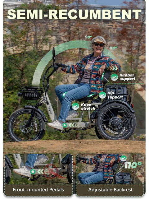 Foldable Full Suspension Electric Tricycle For Adults With A Beefy 1200W Motor 48V 20Ah Battery 20x3 Fat Tires 20 MPH Top Speed 100 Mile Range Reverse Parking Differential Red With Premium Seat, semi-recumbent rider