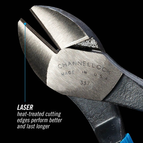 Close-up of 7-inch diagonal cutting pliers with precision ground jaws, made in USA, for electricians and DIY enthusiasts.