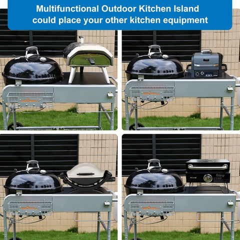 Multifunctional outdoor kitchen island with grills and kitchen equipment on top, serving as grill table cart for 22 inch and 18 inch original kettle charcoal grills, outdoor stand and prep station for Jumbo Joe Master-Touch accessories and replacement stand.