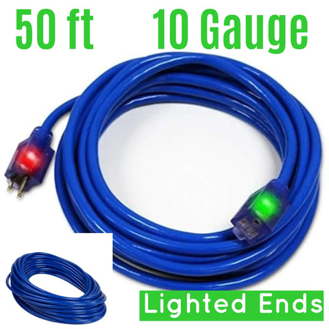 Heavy Duty 50 Foot 10 Gauge Indoor Outdoor Extension Cord With Lighted Ends 125 Volt 15 Amp 1875 Watt UL Listed water resistant cord