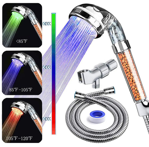 LED Shower Head With Hose And Adjustable Arm Bracket High Pressure Filtration Handheld Shower For Dry Skin And Hair Loss Color Changing Temperature Indicator Game Changer Spa Quality Bath Upgrade with color changing LEDs.