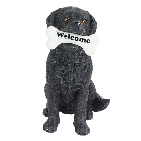 Solar Black Labrador Dog Garden Statue With LED Bone Welcome Sign, Outdoor Resin Yard Decor, 7.5 by 13 Inch Black Lab Figurine