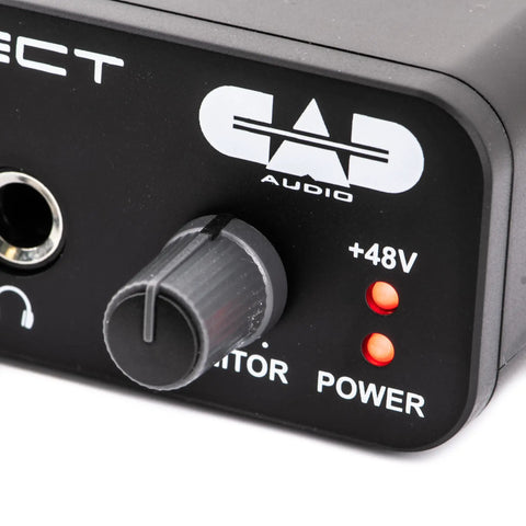 Close-up of a Single Channel USB Audio Interface With 24 Bit 96KHz Resolution, 48V Phantom Power, Bus Powered, knob and indicator lights