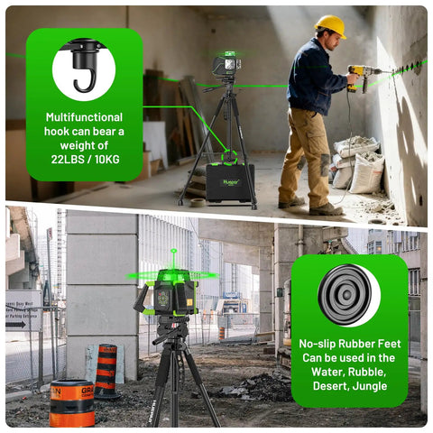 68 Inch Adjustable Laser Level Tripod With One Quarter And Five Eighth Inch Mounts Heavy Duty Portable Stand 3 Way Pan Head with hook and rubber feet, shown on job sites