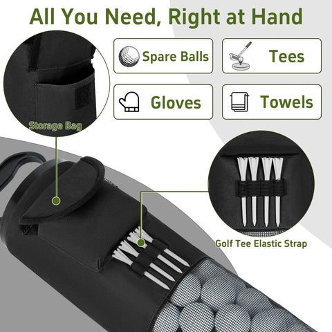 Close-up of Large Capacity Golf Shag Bag With Detachable Aluminum Tube Ball Retriever showing pocket and tee holders
