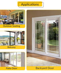 Applications of the product include patio door, backyard door, balcony, and outdoor seating areas, illustrated in uses.