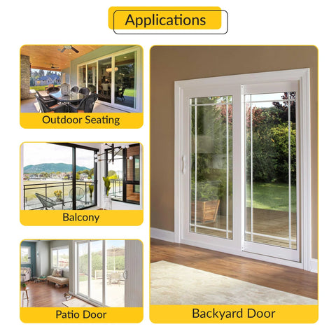 Applications of the product include patio door, backyard door, balcony, and outdoor seating areas, illustrated in uses.