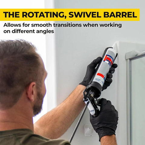 Man using Heavy Duty Caulk Gun 29 Oz No Drip Design With 18 To 1 Thrust, steel frame, rotating barrel in home project